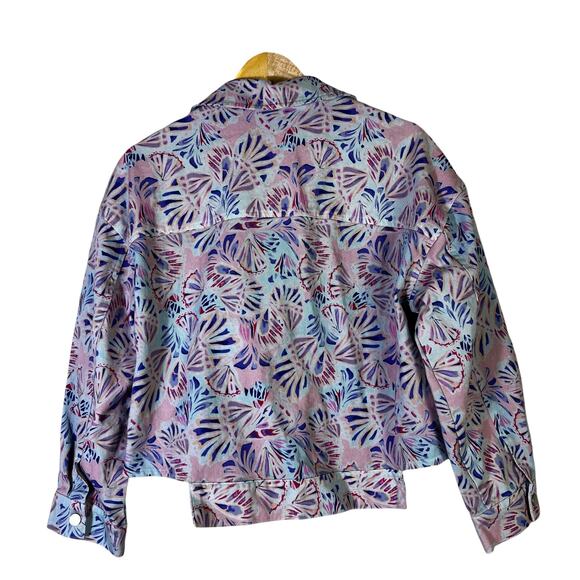Emily Wonder Abstract Denim Jacket Womens L Pastel Pink Eclectic Whimsy Quirky - Picture 4 of 6